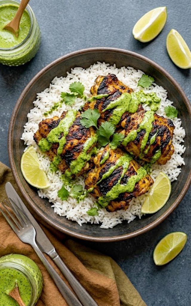 A dark ceramic bowl of smoky charred Peruvian chicken thighs with beautiful char marks served over fluffy white jasmine rice drizzled with bright green cilantro sauce and garnished with fresh cilantro and lime wedges