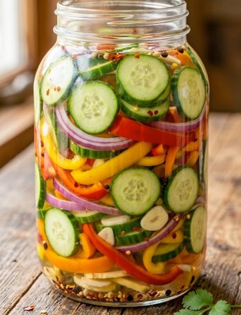 A large glass jar packed with pickled cucumber slices, red onion rings, and colorful bell pepper strips in a tangy clear brine on a wooden surface