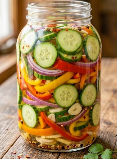A large glass jar packed with pickled cucumber slices, red onion rings, and colorful bell pepper strips in a tangy clear brine on a wooden surface