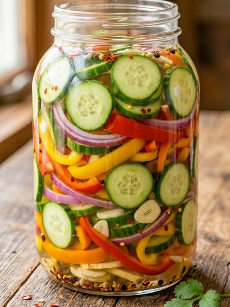 A large glass jar packed with pickled cucumber slices, red onion rings, and colorful bell pepper strips in a tangy clear brine on a wooden surface