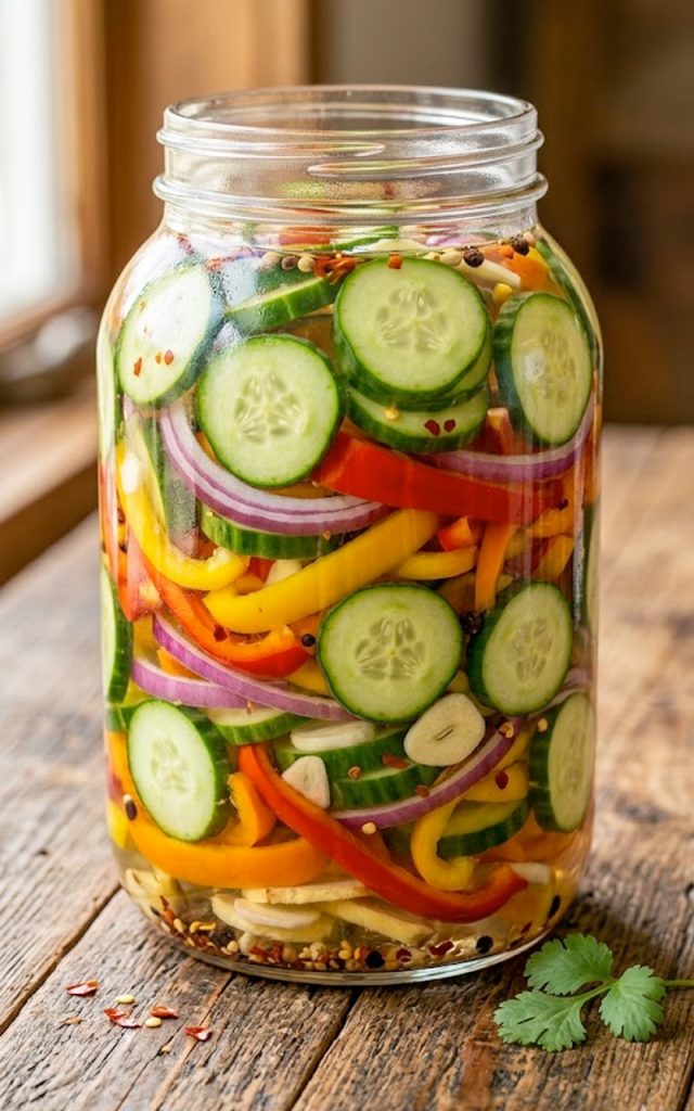 A large glass jar packed with pickled cucumber slices, red onion rings, and colorful bell pepper strips in a tangy clear brine on a wooden surface