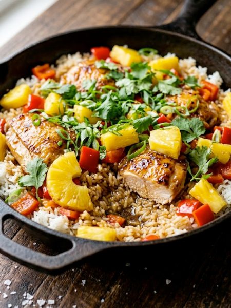 A dark skillet filled with pineapple chicken and rice garnished with fresh cilantro green onions and chunks of caramelized pineapple with red bell pepper visible throughout