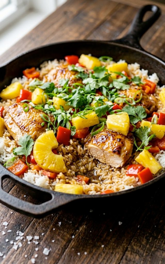 A dark skillet filled with pineapple chicken and rice garnished with fresh cilantro green onions and chunks of caramelized pineapple with red bell pepper visible throughout