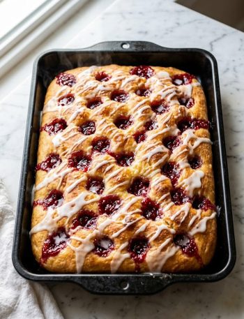 A golden fluffy jam donut focaccia with bubbling raspberry jam pockets and white glaze drizzled over the top in a black baking pan on a marble surface