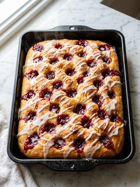 A golden fluffy jam donut focaccia with bubbling raspberry jam pockets and white glaze drizzled over the top in a black baking pan on a marble surface