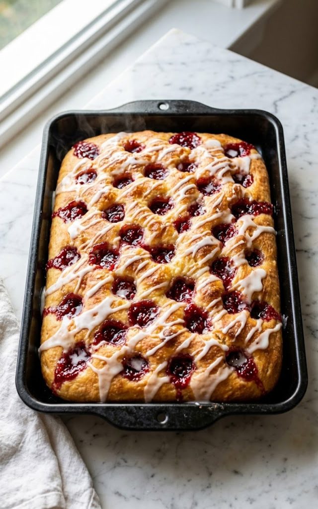A golden fluffy jam donut focaccia with bubbling raspberry jam pockets and white glaze drizzled over the top in a black baking pan on a marble surface