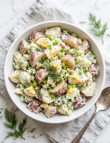 A large white bowl filled with creamy red potato salad tossed with fresh dill, green onions, celery, and chopped hard boiled eggs, garnished with extra dill on top