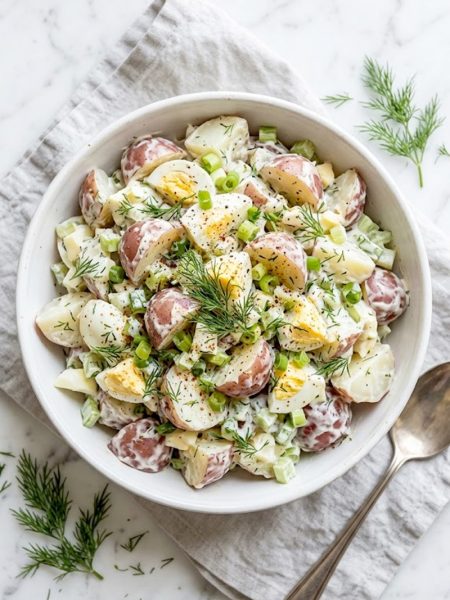 A large white bowl filled with creamy red potato salad tossed with fresh dill, green onions, celery, and chopped hard boiled eggs, garnished with extra dill on top