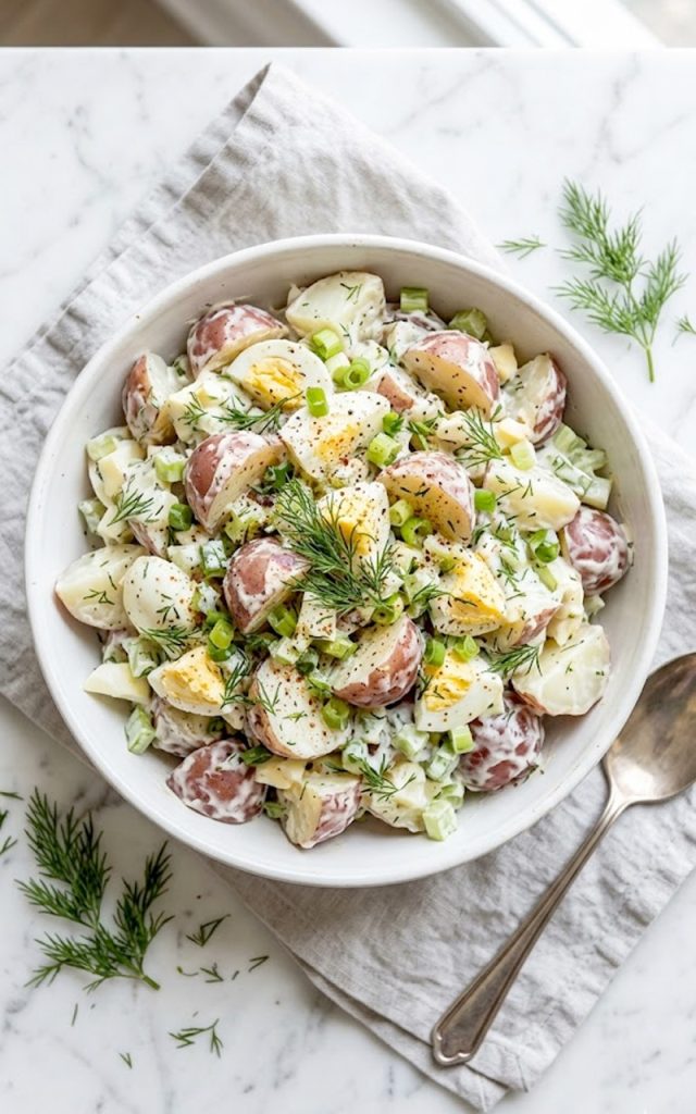 A large white bowl filled with creamy red potato salad tossed with fresh dill, green onions, celery, and chopped hard boiled eggs, garnished with extra dill on top