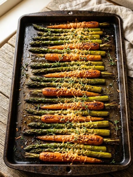 Golden roasted asparagus spears and baby carrots arranged in alternating rows on a dark baking sheet dusted with crispy parmesan and fresh thyme on a rustic wooden surface