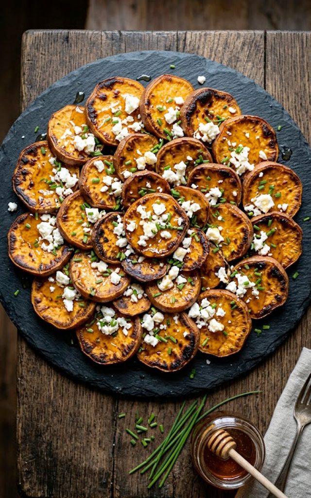 A serving platter of deeply caramelized roasted sweet potato rounds topped with crumbled white feta cheese, a drizzle of golden honey, and freshly chopped chives