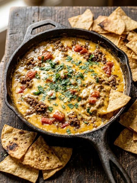 Overhead view of Rotel dip with ground beef and tomatoes in a cast iron skillet surrounded by tortilla chips