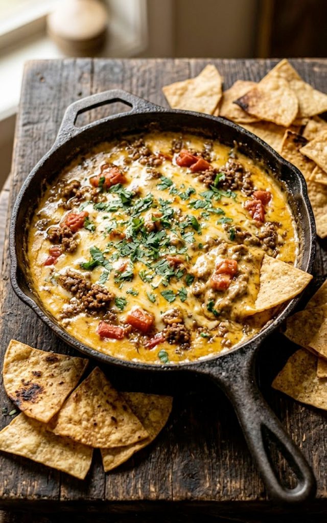 Overhead view of Rotel dip with ground beef and tomatoes in a cast iron skillet surrounded by tortilla chips