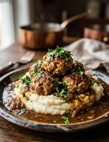 A plate of juicy Salisbury steak meatballs smothered in rich brown gravy served over creamy garlic herb mashed potatoes garnished with fresh parsley