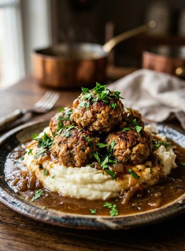 A plate of juicy Salisbury steak meatballs smothered in rich brown gravy served over creamy garlic herb mashed potatoes garnished with fresh parsley