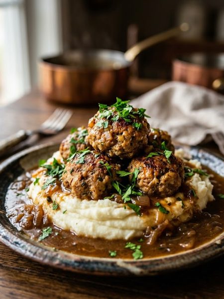 A plate of juicy Salisbury steak meatballs smothered in rich brown gravy served over creamy garlic herb mashed potatoes garnished with fresh parsley