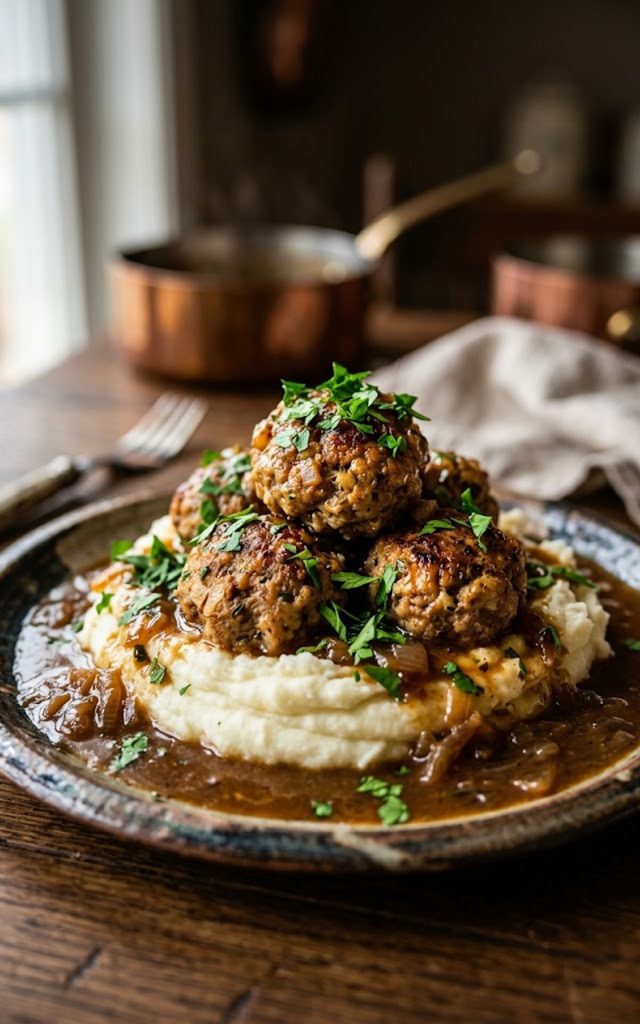 A plate of juicy Salisbury steak meatballs smothered in rich brown gravy served over creamy garlic herb mashed potatoes garnished with fresh parsley