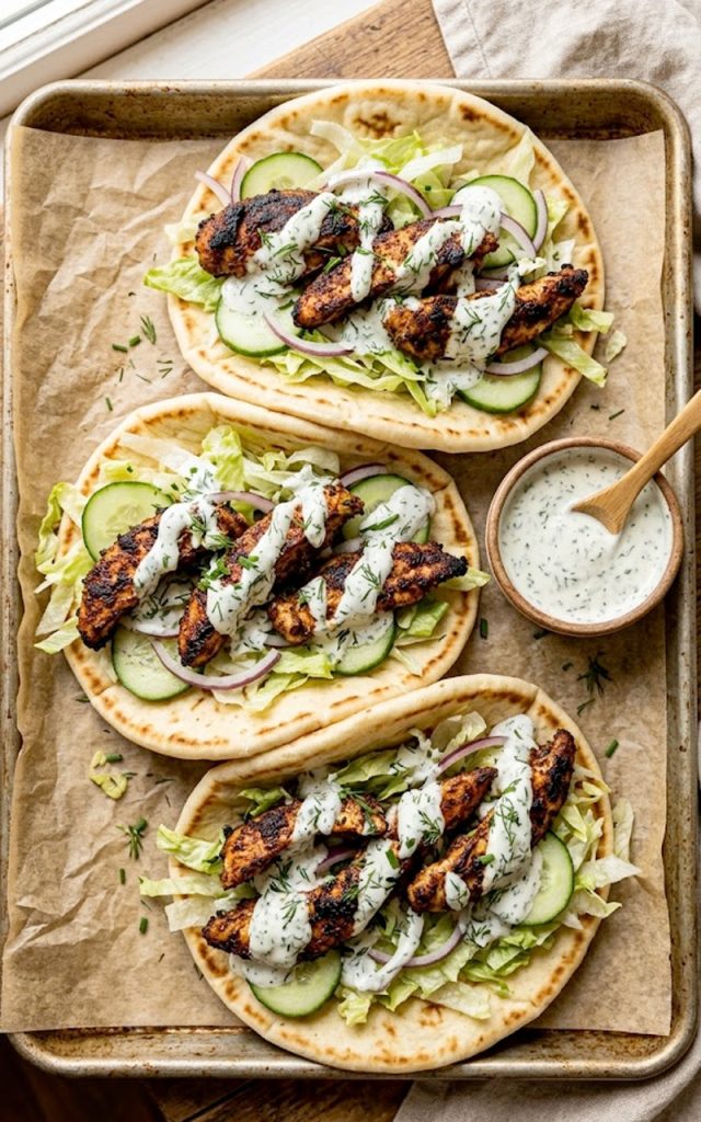 Three sheet pan chicken pitas loaded with smoky spiced chicken strips shredded lettuce sliced cucumber red onion and a generous drizzle of creamy herby ranch sauce on a parchment lined baking sheet