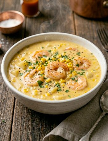 A close-up overhead shot of creamy shrimp and corn chowder in a white ceramic bowl topped with plump pink shrimp, sweet corn kernels, fresh parsley, and cracked black pepper