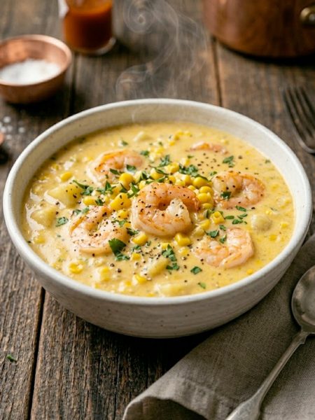 A close-up overhead shot of creamy shrimp and corn chowder in a white ceramic bowl topped with plump pink shrimp, sweet corn kernels, fresh parsley, and cracked black pepper