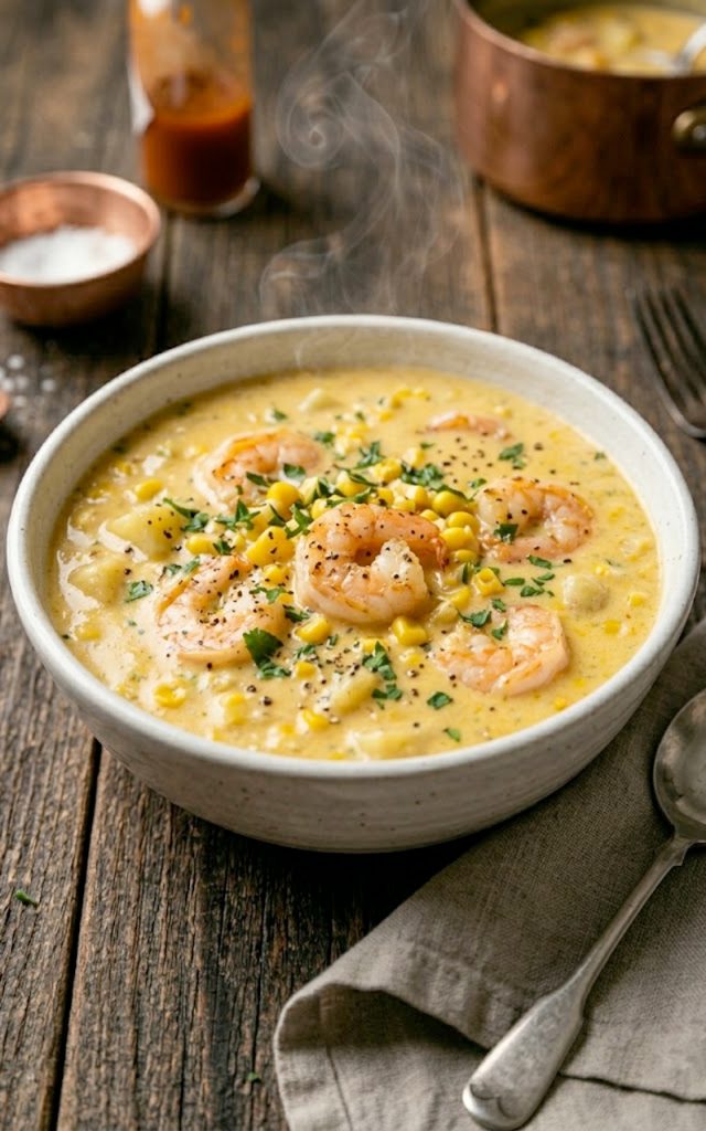 A close-up overhead shot of creamy shrimp and corn chowder in a white ceramic bowl topped with plump pink shrimp, sweet corn kernels, fresh parsley, and cracked black pepper
