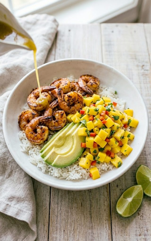 A vibrant shrimp and avocado bowl with mango salsa and lime-chili sauce drizzled on top, served over white rice