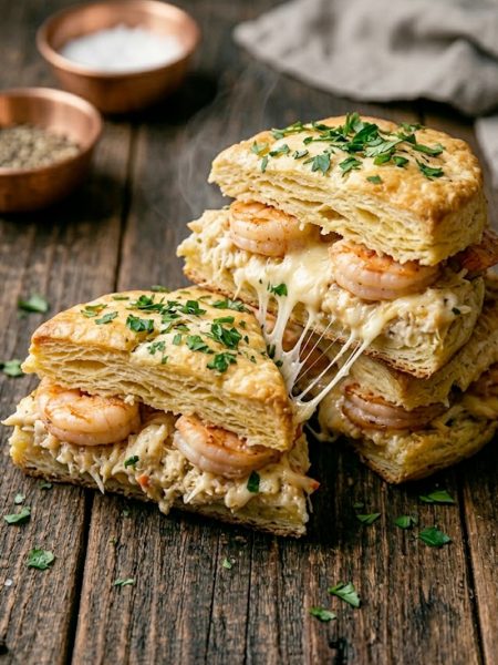 A close-up shot of golden buttery biscuits split open and loaded with juicy shrimp, sweet crab meat, and gooey melted cheese garnished with fresh parsley on a wooden board