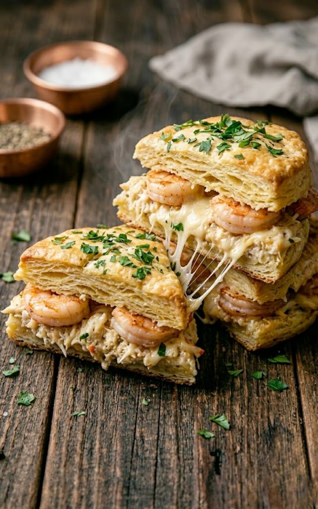 A close-up shot of golden buttery biscuits split open and loaded with juicy shrimp, sweet crab meat, and gooey melted cheese garnished with fresh parsley on a wooden board