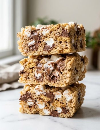 Three gooey s'mores rice krispie treats stacked on a white surface showing melty chocolate chunks, mini marshmallows, and golden graham cracker pieces throughout