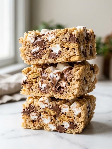 Three gooey s'mores rice krispie treats stacked on a white surface showing melty chocolate chunks, mini marshmallows, and golden graham cracker pieces throughout