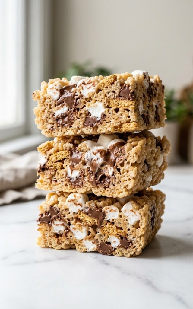Three gooey s'mores rice krispie treats stacked on a white surface showing melty chocolate chunks, mini marshmallows, and golden graham cracker pieces throughout