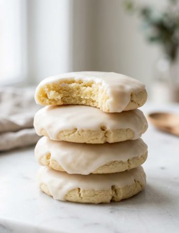A tall stack of four soft almond sugar cookies with smooth white glaze on a light surface with the top cookie showing a soft tender bite taken out of it