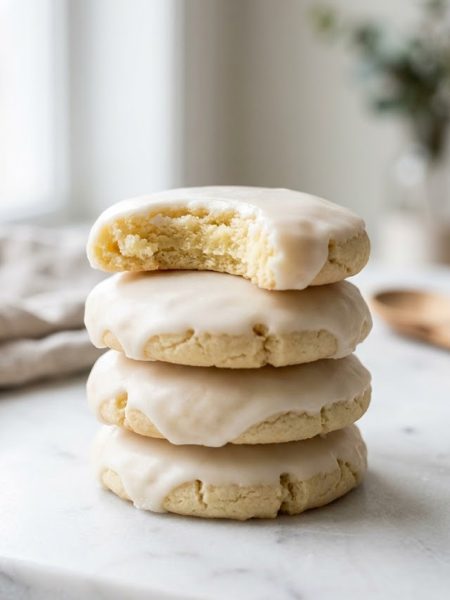 A tall stack of four soft almond sugar cookies with smooth white glaze on a light surface with the top cookie showing a soft tender bite taken out of it