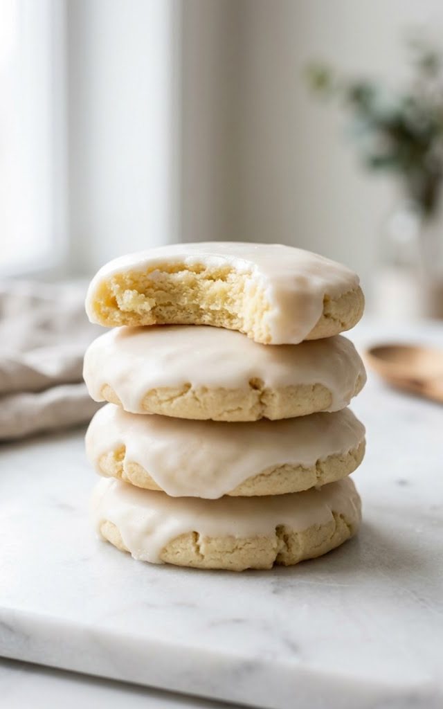 A tall stack of four soft almond sugar cookies with smooth white glaze on a light surface with the top cookie showing a soft tender bite taken out of it