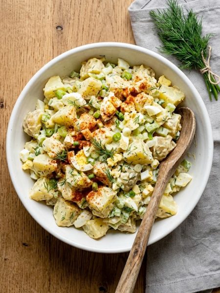 A large white bowl of southern potato salad with tender yellow potatoes, chopped hard boiled eggs, celery, green onions, fresh dill, and a creamy mayo dressing topped with a dusting of smoked paprika, shot from above on a rustic wooden surface