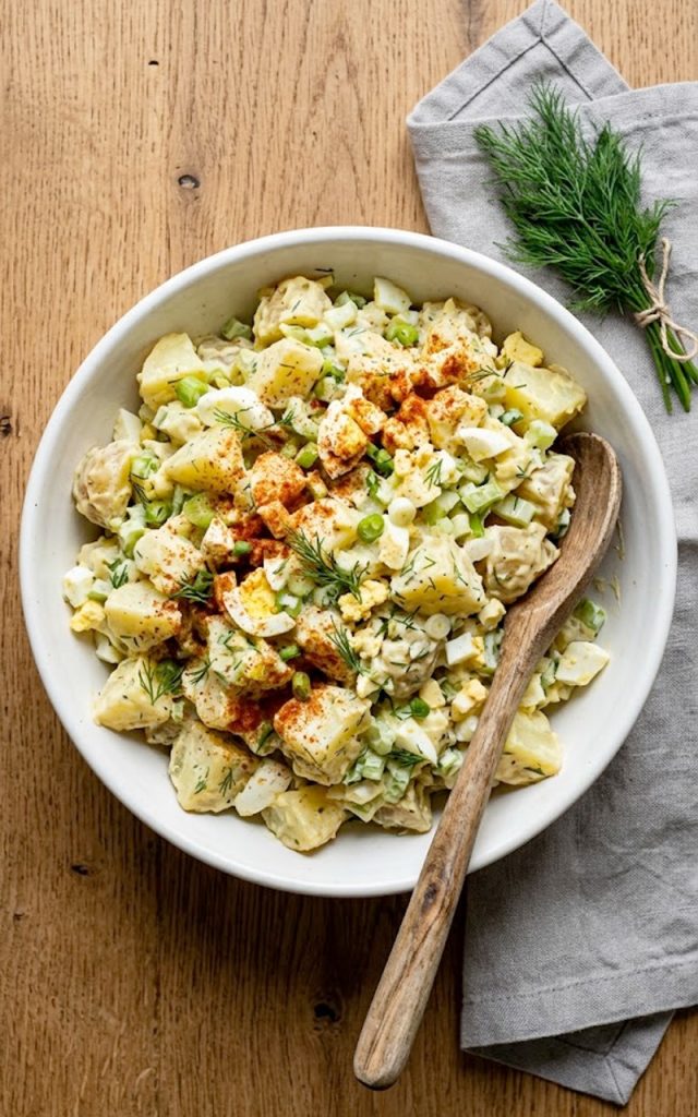 A large white bowl of southern potato salad with tender yellow potatoes, chopped hard boiled eggs, celery, green onions, fresh dill, and a creamy mayo dressing topped with a dusting of smoked paprika, shot from above on a rustic wooden surface