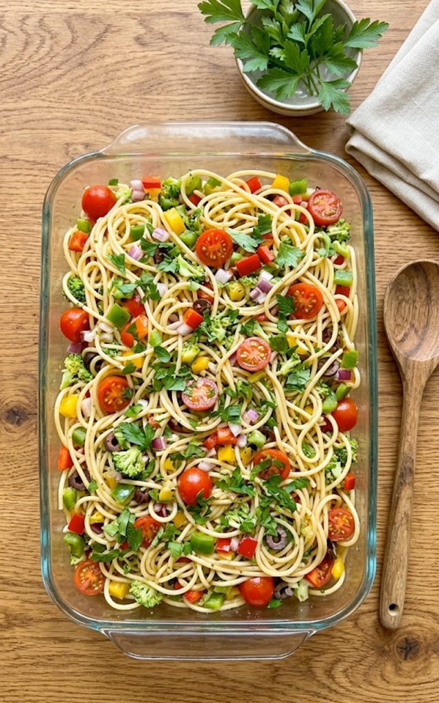 A large glass baking dish filled with cold spaghetti pasta salad loaded with colorful diced red green and yellow bell peppers, tomatoes, broccoli, red onion, black olives and fresh parsley tossed in a zesty Italian dressing, shot from above on a warm wooden surface
