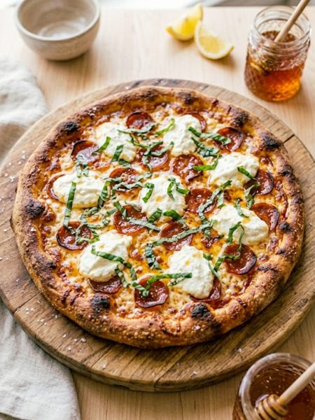 A golden spicy honey ricotta pizza with crispy cupped pepperoni creamy ricotta dollops fresh basil and a hot honey drizzle on a wooden pizza board