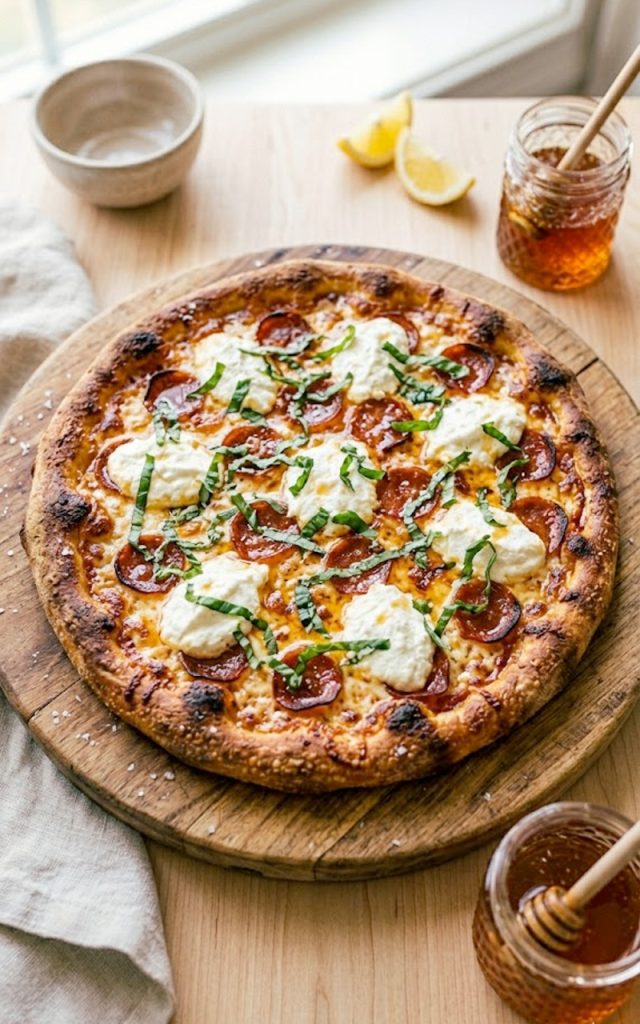 A golden spicy honey ricotta pizza with crispy cupped pepperoni creamy ricotta dollops fresh basil and a hot honey drizzle on a wooden pizza board