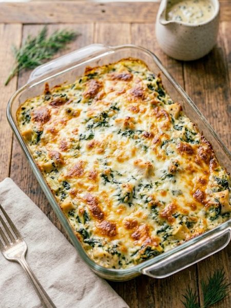 Golden bubbly spinach artichoke chicken bake fresh out of the oven in a glass baking dish with melted cheese on top