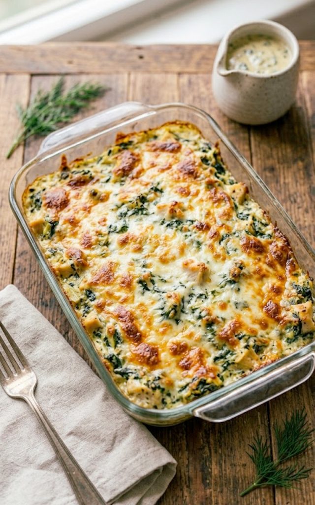 Golden bubbly spinach artichoke chicken bake fresh out of the oven in a glass baking dish with melted cheese on top