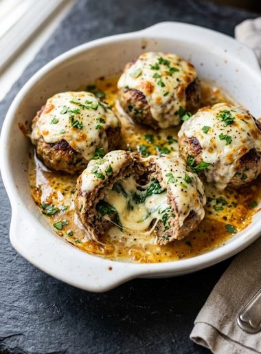 Close-up overhead view of golden seared spinach garlic meatballs topped with melted mozzarella in a white dish with one cut open revealing a cheesy spinach center