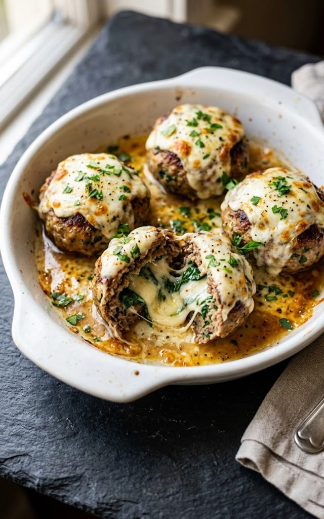 Close-up overhead view of golden seared spinach garlic meatballs topped with melted mozzarella in a white dish with one cut open revealing a cheesy spinach center