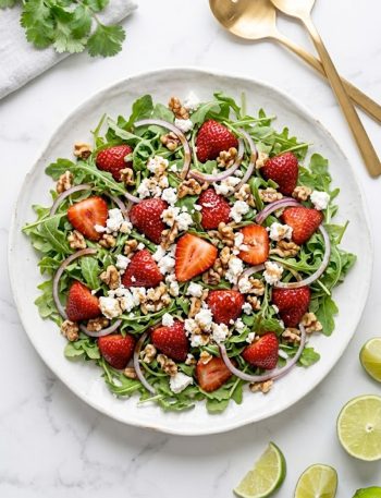 A large white plate of spring strawberry arugula salad with fresh sliced strawberries, peppery arugula leaves, crumbled goat cheese, chopped walnuts, and honey balsamic vinaigrette drizzled on top, shot from above on a bright marble surface