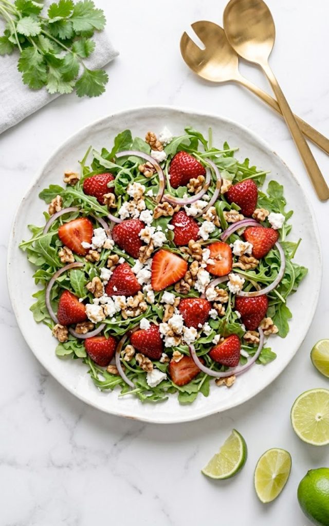 A large white plate of spring strawberry arugula salad with fresh sliced strawberries, peppery arugula leaves, crumbled goat cheese, chopped walnuts, and honey balsamic vinaigrette drizzled on top, shot from above on a bright marble surface