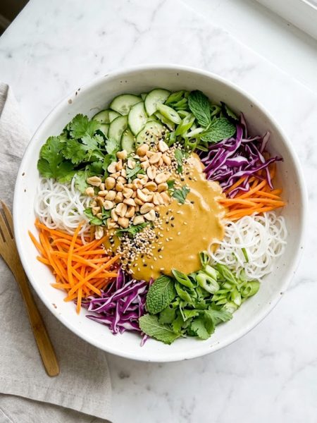 A top-down view of a vibrant spring roll salad with rice vermicelli noodles, shredded orange carrots, purple cabbage, fresh cilantro, mint leaves, and green onions topped with a creamy golden peanut dressing, chopped roasted peanuts, and sesame seeds in a large white bowl on a marble surface