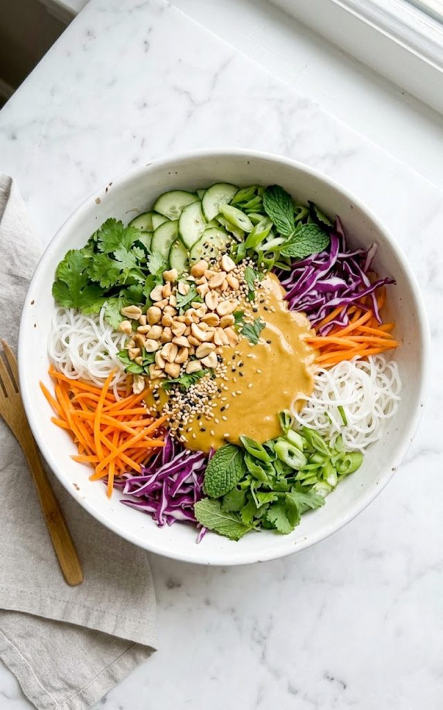 A top-down view of a vibrant spring roll salad with rice vermicelli noodles, shredded orange carrots, purple cabbage, fresh cilantro, mint leaves, and green onions topped with a creamy golden peanut dressing, chopped roasted peanuts, and sesame seeds in a large white bowl on a marble surface