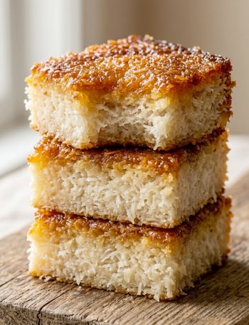 Three slices of sticky coconut cake stacked on a wooden board showing golden caramelized top and chewy white coconut interior