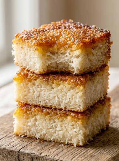 Three slices of sticky coconut cake stacked on a wooden board showing golden caramelized top and chewy white coconut interior