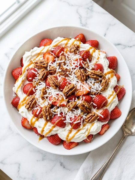 Overhead view of strawberry crackle salad with fresh strawberries, whipped cream, candied pecans, coconut, and caramel drizzle in a white bowl on marble